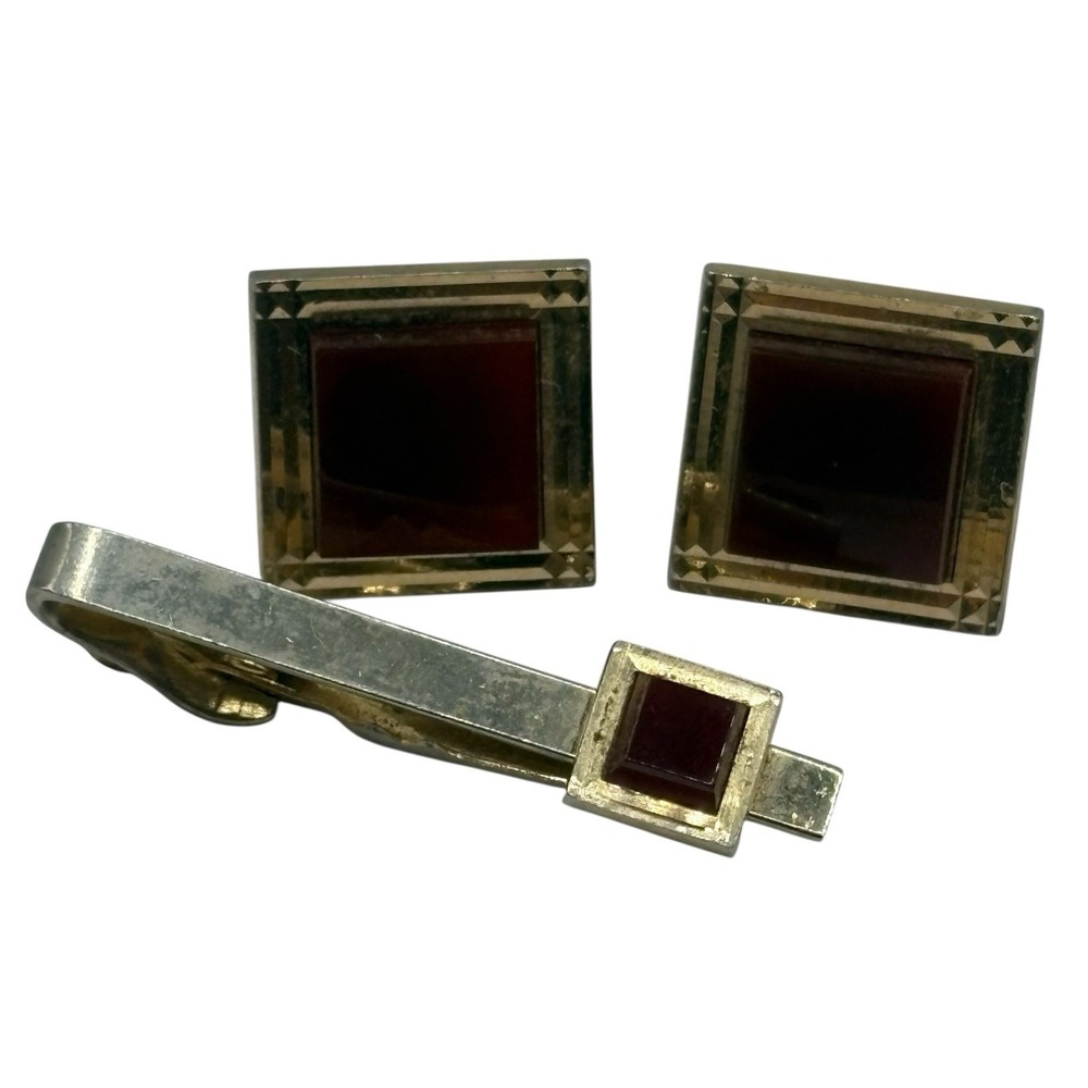 Swank Cufflinks And Tie Clip Red Accent Center Gold Tone Vintage Square Textured - Picture 3 of 13